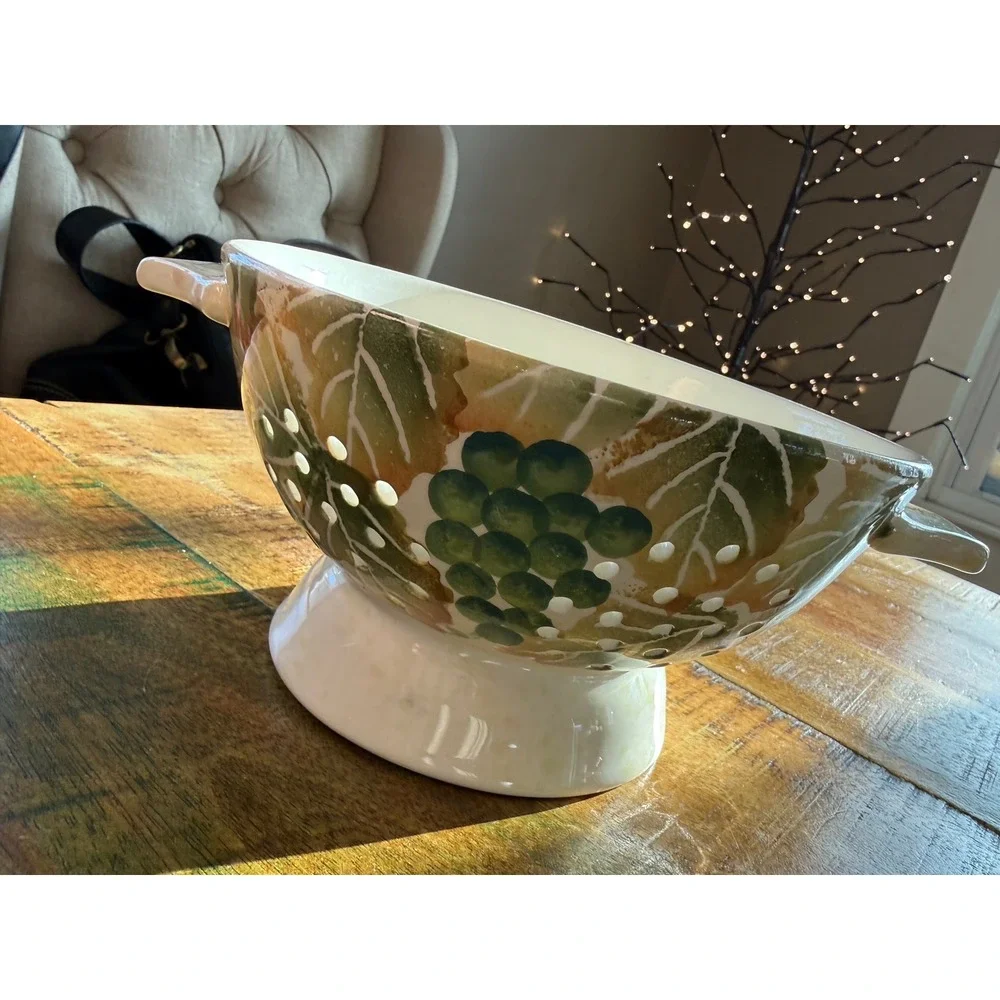 ND Hand Painted Ceramic Berry Colander Cream Green Grapes Footed Strainer